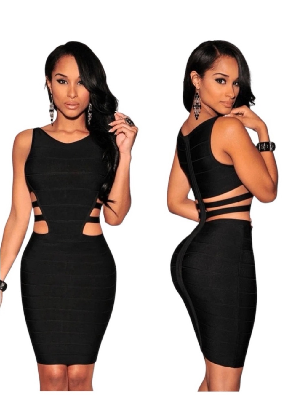 Y2K Black Bandage Bodycon Cut Out Caged Waist Strappy Mini Dress Cocktail Party